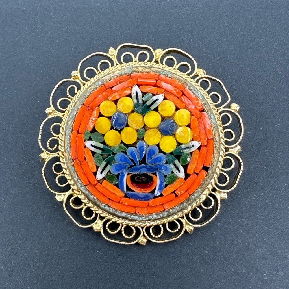 Vintage Italian Micro Mosaic Floral Brooch Scarf Hair Pin - Picture 9 of 9